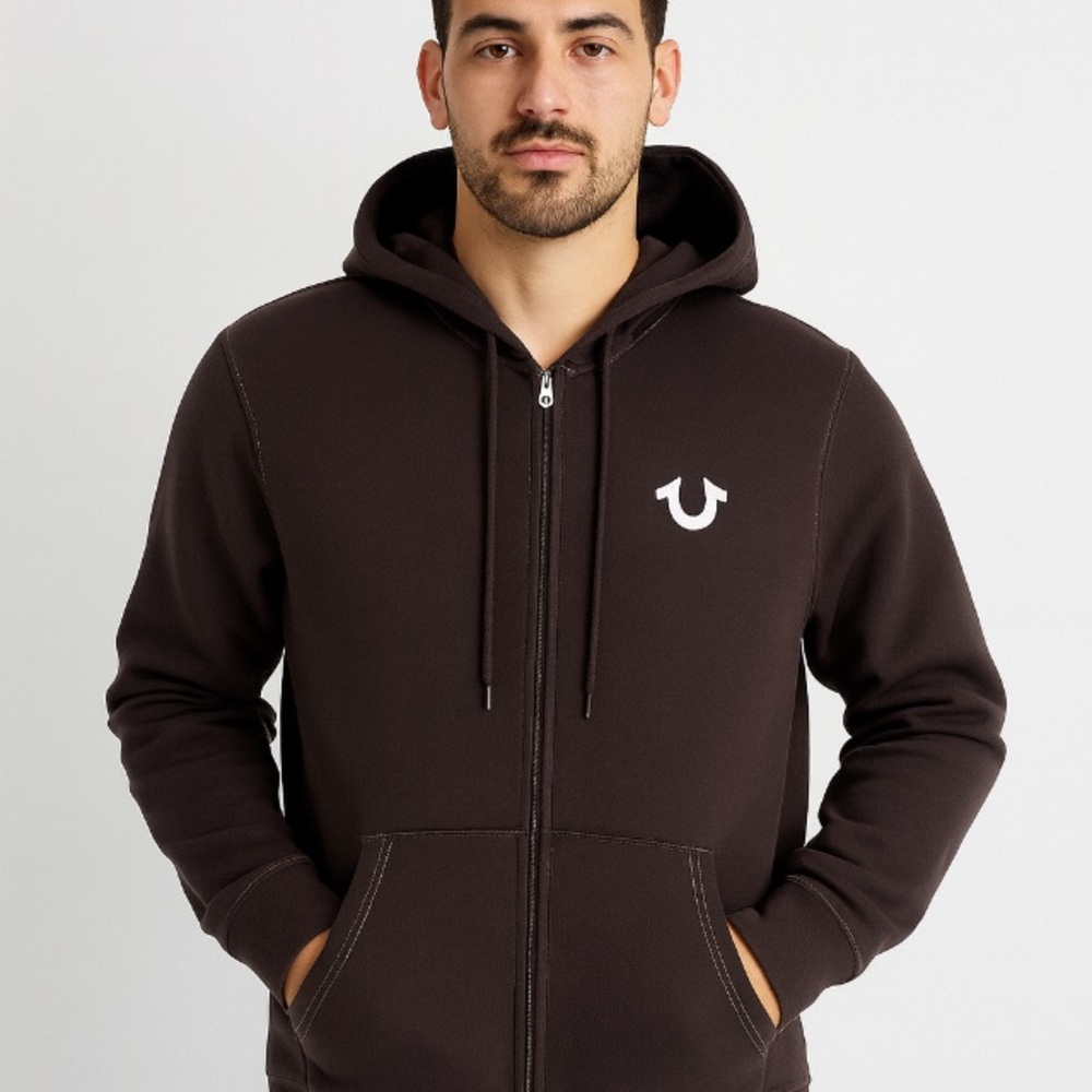 True Religion Buddha Logo Seal Zip Hoodie Brown Men’s M - Picture 2 of 14